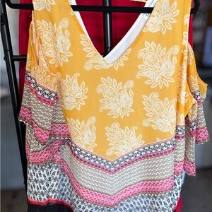 DR2 Yellow Paisley V-Neck Tank with Pink & Black Trim